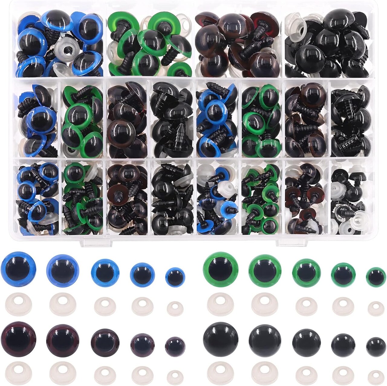 224 Sets Plastic Safety Eyes Stuffed Crochet Eyes Craft Doll Eyes Kit with Washers for DIY Crafts Projects 10 12 14 16 18mm Green Blue Black Bronze